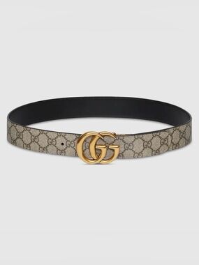 Gucci Beige Monogram Belt with Gold Double G Buckle